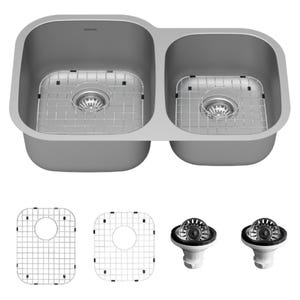 Karran PU23R-PK1 32" Undermount 18-Gauge Stainless Steel 60/40 Double Bowl Kitchen Sink Kit