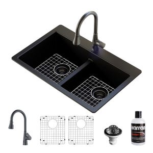Karran QT810BLKKF340GG 33" Top Mount Double Bowl 50/50 Quartz Kitchen Sink in Black with Faucet in Gunmetal Grey
